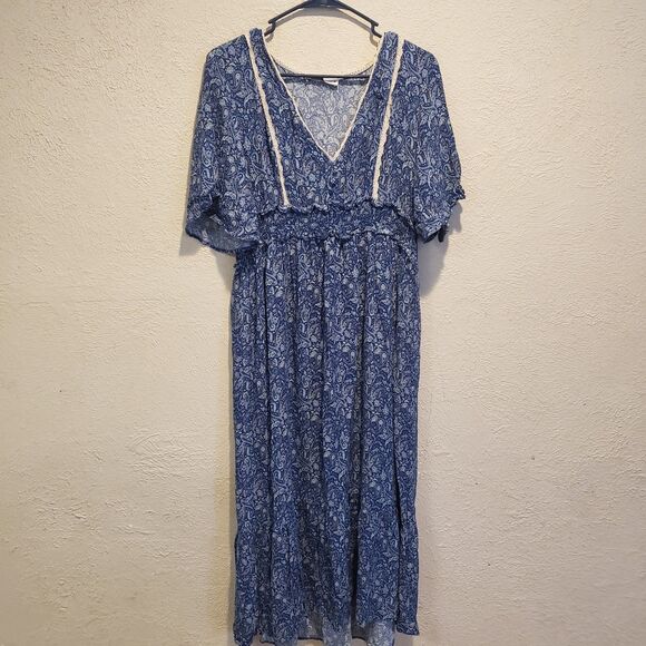Zara Floral-Print Flutter-Sleeve Smocked-Waist Ruffled Midi Dress Size Large - Picture 2 of 5
